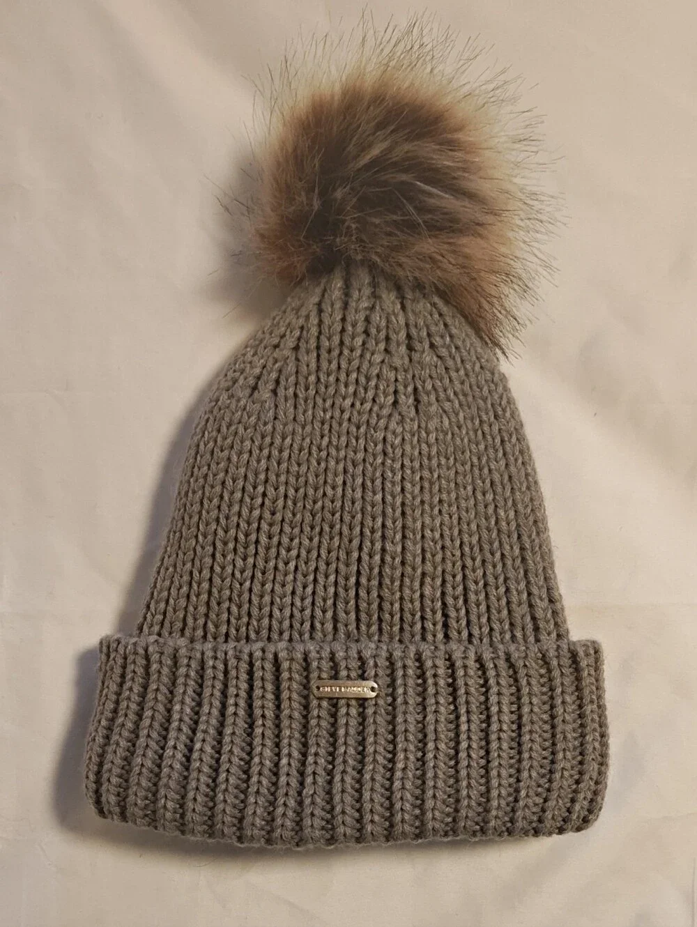 Steve Madden Taupe Knit Beanie with Gold Logo Plaque